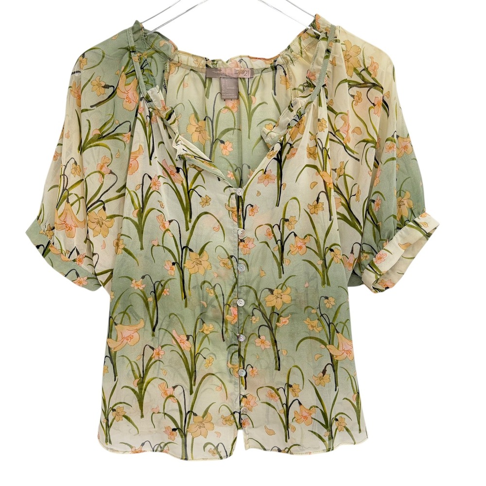 Y2K Forever 21 Floral Fairy Size M Lily Chiffon Button Front Blouse Green Girly